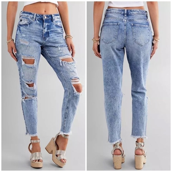 KANCAN High Rise Relaxed Distressed Tapered Jeans - Picture 1 of 10